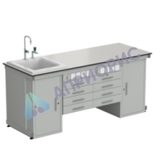 Стол демонстрационный с двумя напольными тумбами, двумя подвесными тумбами, с электрикой, с подводом воды 2000х750х900, раб. поверхность - LABGRADE