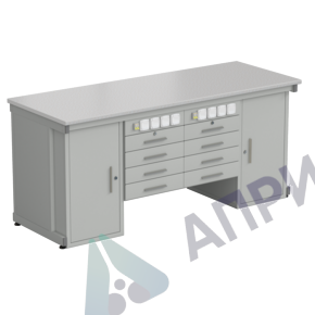 Стол демонстрационный с двумя напольными тумбами, двумя подвесными тумбами, с электрикой 2000х750х900, раб. поверхность - ЛАМИНАТ БЕЛЫЙ