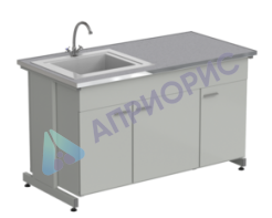 Мойка одинарная 1500х750х900 мм, одна чаша СП слева, смеситель, раб. поверхность - МОНОЛИТНЫЙ КЕРАМОГРАНИТ