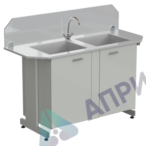 Мойка двойная торцевая 1500х600х1220 мм, (защитное стекло, глубина раковины 280 мм, 1 кран), раб. поверхность - СТЕКЛОПЛАСТИК