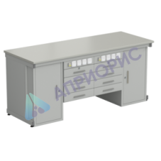 Стол демонстрационный с двумя напольными тумбами, двумя подвесными тумбами, с электрикой 2000х750х900, раб. поверхность - ЛАМИНАТ СЕРЫЙ