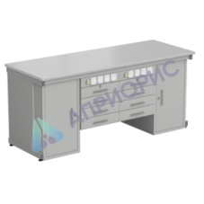 Стол демонстрационный с двумя напольными тумбами, двумя подвесными тумбами, с электрикой 2000х750х900, раб. поверхность - ЛАМИНАТ БЕЛЫЙ