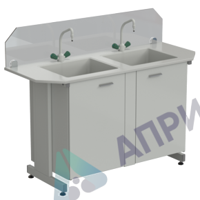 Мойка двойная торцевая 1500х600х1220 (защитное стекло, глубина раковины 280 мм, 2 крана TOF), раб. поверхность - DURCON